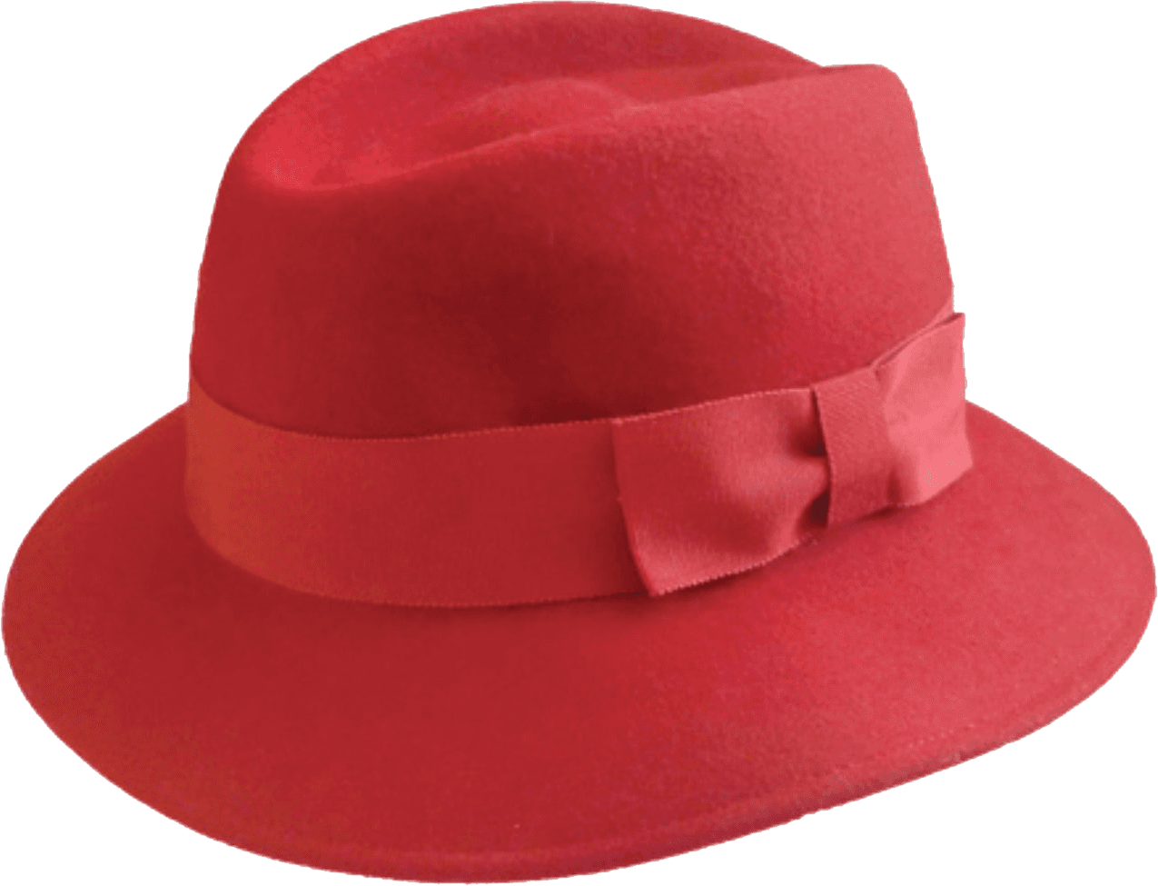 A red felt fedora with a matching red band and bow.